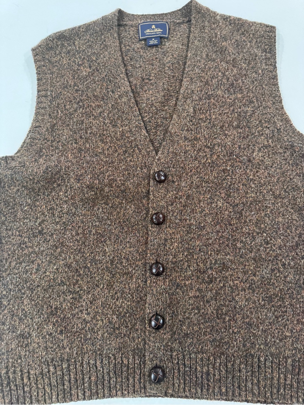 Vtg Brooks Brothers Shetland Wool  Vest MensM Brown Heathered Leather Buttons